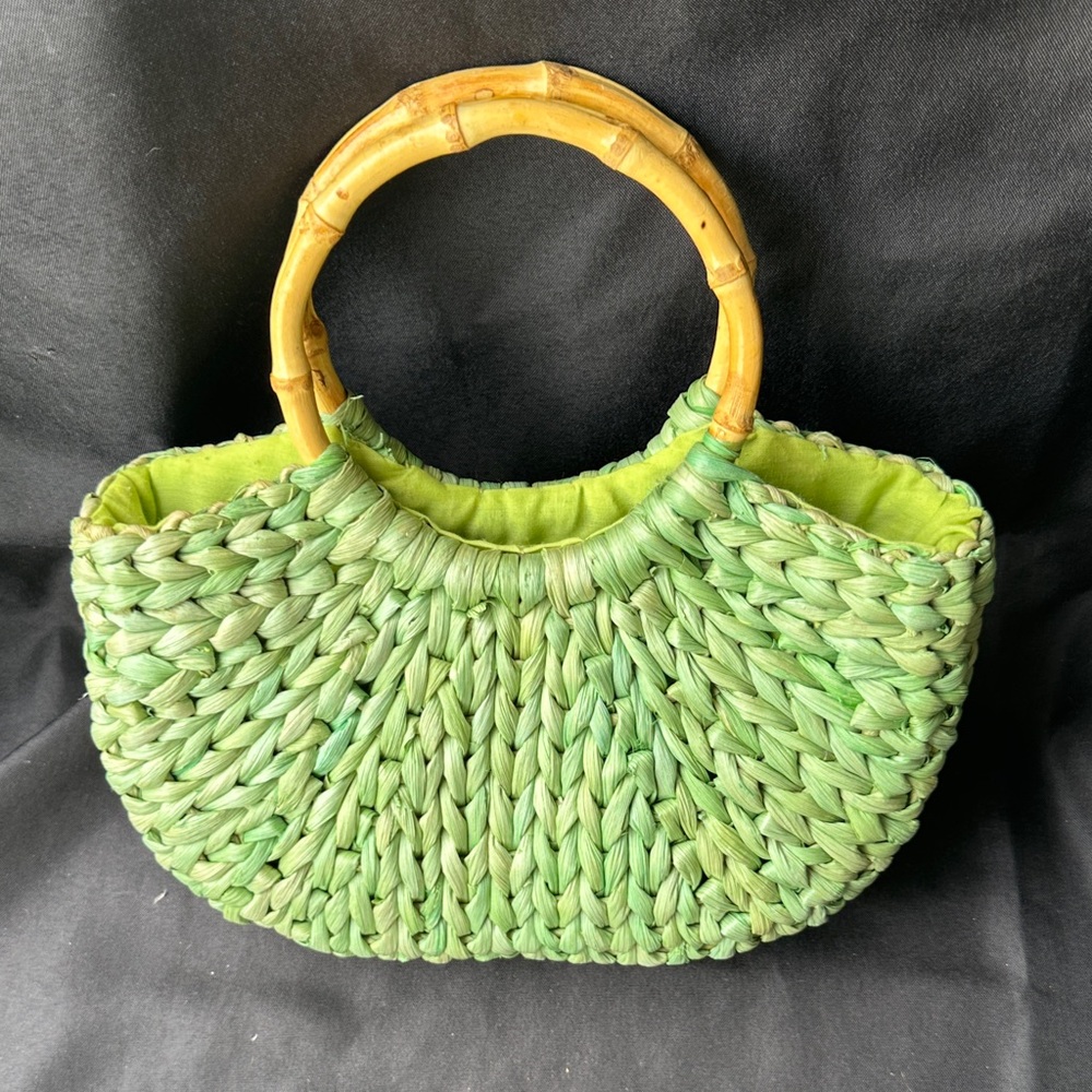 Green Woven Bamboo Handle Tote Bag